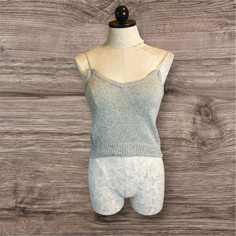 Nicole Curie VTG Silk & Linen Knit Gray Tank Sleeveless V-Neck Sz M Jewel Strap